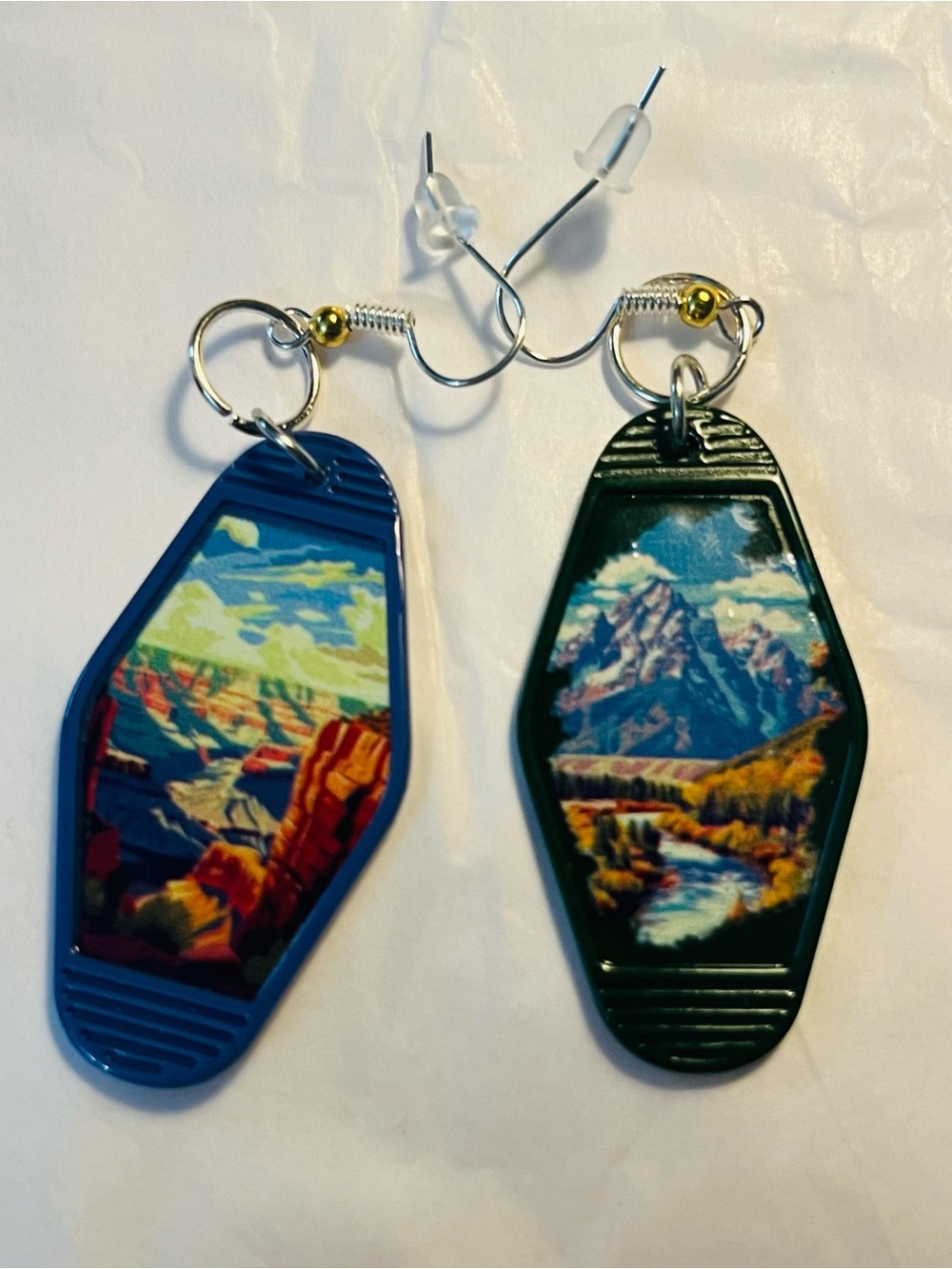 Blue & Green Vintage-Inspired Scenic Key Tag Earrings
